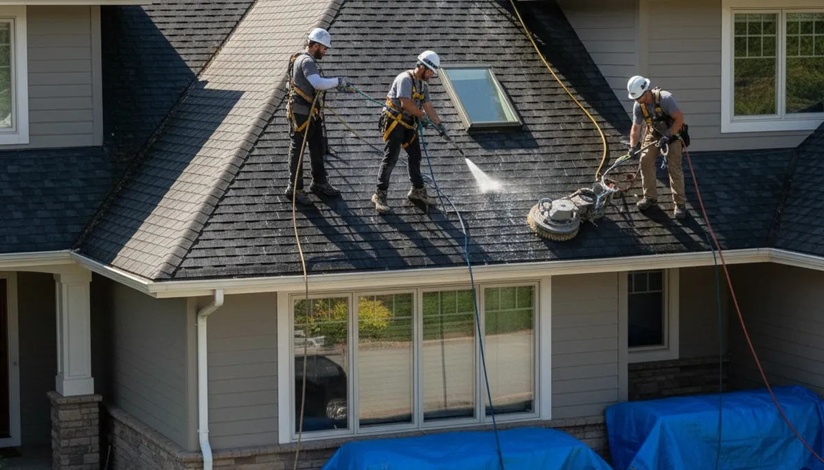 Boston, MA roof cleaning service removing moss and debris for a cleaner, protected roof